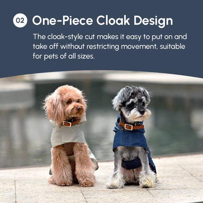 Two dogs wearing cloaks outdoors with text about one-piece cloak design.