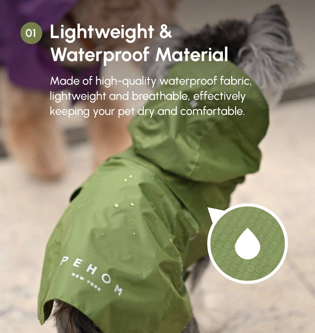 Green dog raincoat with text about lightweight and waterproof material, brand 'PEHOM' visible.