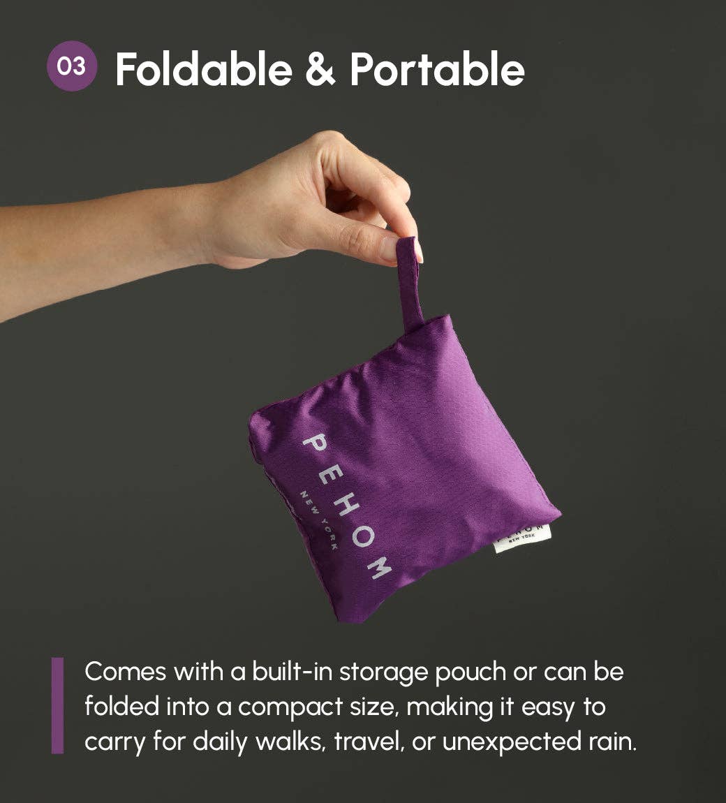 Purple storage pouch with 'PEHOM' branding held by a hand against a dark background.