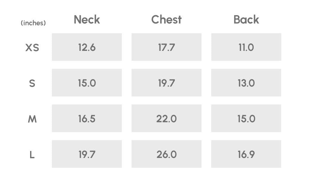 Dog clothing size chart with four dogs wearing different colored sweaters on a gray background.